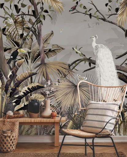 witte pauw behangmuurschildering genaamd Jungle White Peacock at Wallsauce voor slaapkamers en gangen