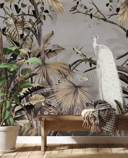 valkoinen riikinkukko-taustakuvamaalaus nimeltä Jungle White Peacock Wallsaucessa makuuhuoneisiin ja käytäviin