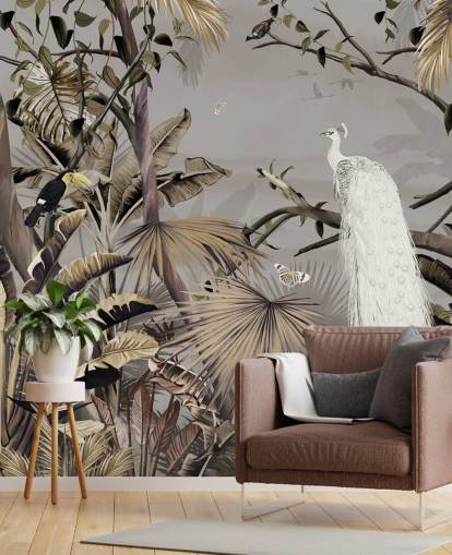 mural de papel pintado de pavo real blanco llamado Jungle White Peacock at Wallsauce para dormitorios y pasillos