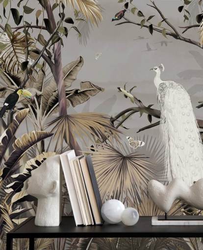 mural de papel pintado de pavo real blanco llamado Jungle White Peacock at Wallsauce para dormitorios y pasillos