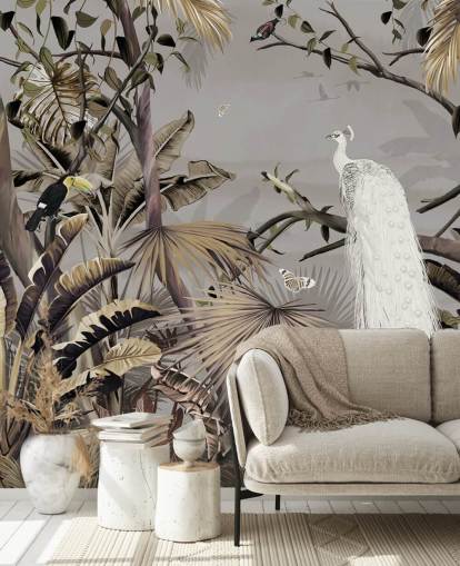 mural de papel pintado de pavo real blanco llamado Jungle White Peacock at Wallsauce para dormitorios y pasillos