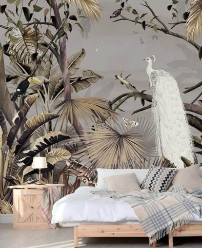 hvid påfugl tapetmaleri kaldet Jungle White Peacock på Wallsauce til soveværelser og gange