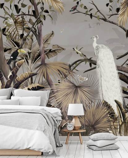 vit påfågel tapetväggmålning som heter Jungle White Peacock på Wallsauce för sovrum och korridorer