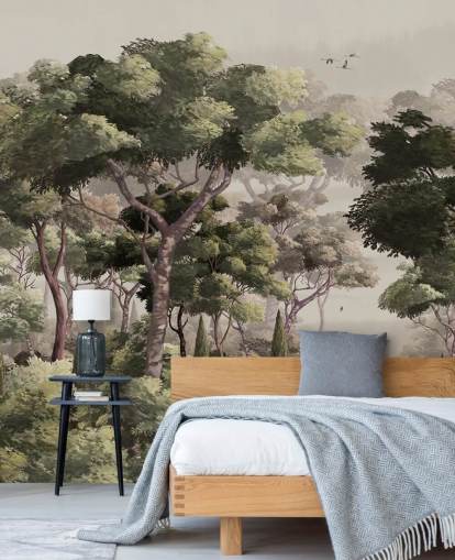 vintage forest wallpaper mural called Vintage Forest Landscape at Wallsauce for bedrooms, living rooms and hallways