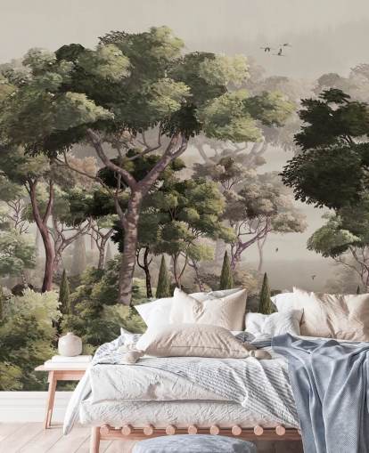 papier peint mural vintage de la forêt appelé Vintage Forest Landscape at Wallsauce pour les chambres, les salons et les couloirs