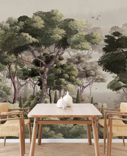 carta da parati murale vintage con foresta chiamata Vintage Forest Landscape at Wallsauce per camere da letto, salotti e corridoi