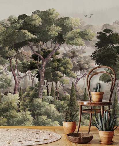 mural vintage de papel pintado de bosque llamado Vintage Forest Landscape at Wallsauce para dormitorios, salas de estar y pasillos