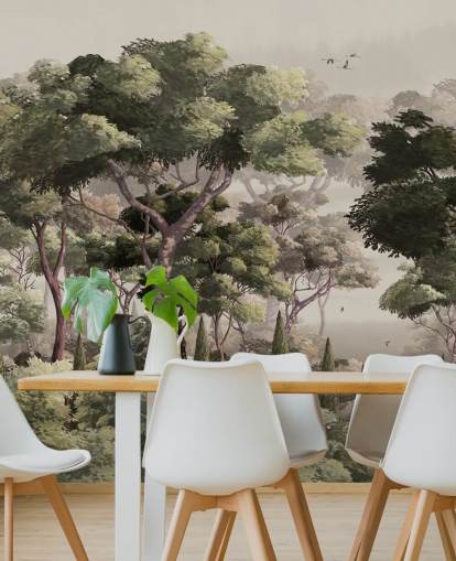 vintage bosbehangmuurschildering genaamd Vintage Forest Landscape at Wallsauce voor slaapkamers, woonkamers en gangen