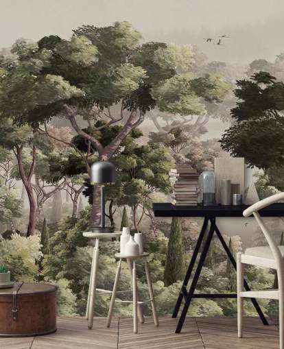 carta da parati murale vintage con foresta chiamata Vintage Forest Landscape at Wallsauce per camere da letto, salotti e corridoi