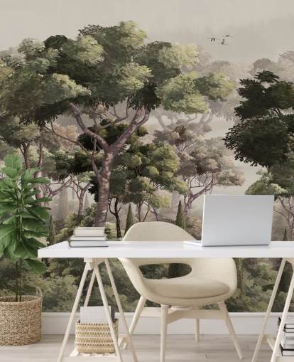 mural vintage de papel pintado de bosque llamado Vintage Forest Landscape at Wallsauce para dormitorios, salas de estar y pasillos