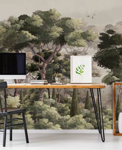 vintage skogstapetväggmålning som heter Vintage Forest Landscape på Wallsauce för sovrum, vardagsrum och korridorer