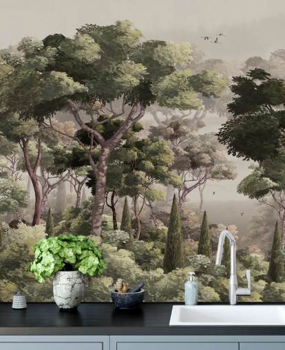 vintage skogstapetväggmålning som heter Vintage Forest Landscape på Wallsauce för sovrum, vardagsrum och korridorer
