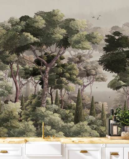 vintage skogstapetväggmålning som heter Vintage Forest Landscape på Wallsauce för sovrum, vardagsrum och korridorer