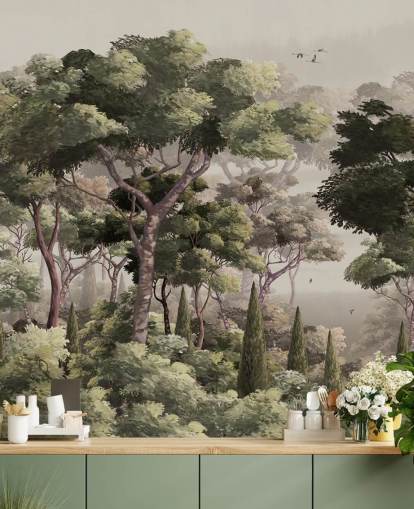 vintage bosbehangmuurschildering genaamd Vintage Forest Landscape at Wallsauce voor slaapkamers, woonkamers en gangen