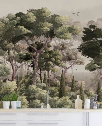 mural vintage de papel pintado de bosque llamado Vintage Forest Landscape at Wallsauce para dormitorios, salas de estar y pasillos