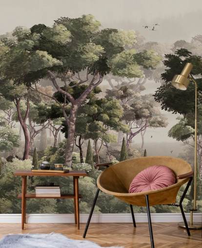 vintage skogtapet veggmaleri kalt Vintage Forest Landscape på Wallsauce for soverom, stuer og ganger