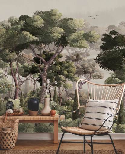 carta da parati murale vintage con foresta chiamata Vintage Forest Landscape at Wallsauce per camere da letto, salotti e corridoi