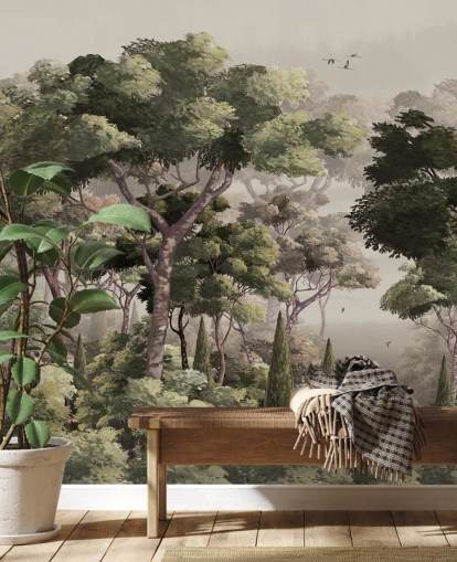 vintage bosbehangmuurschildering genaamd Vintage Forest Landscape at Wallsauce voor slaapkamers, woonkamers en gangen