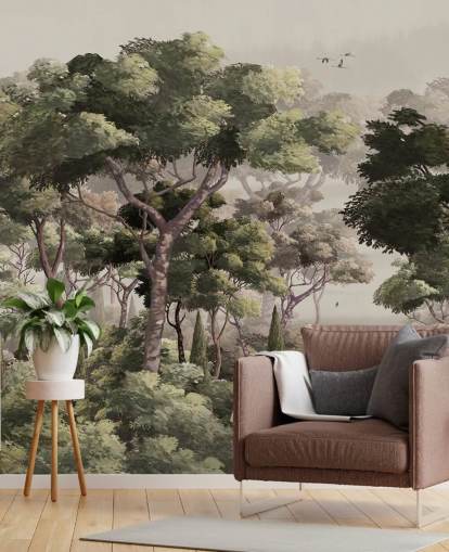 vintage skogstapetväggmålning som heter Vintage Forest Landscape på Wallsauce för sovrum, vardagsrum och korridorer