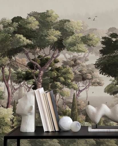 mural vintage de papel pintado de bosque llamado Vintage Forest Landscape at Wallsauce para dormitorios, salas de estar y pasillos