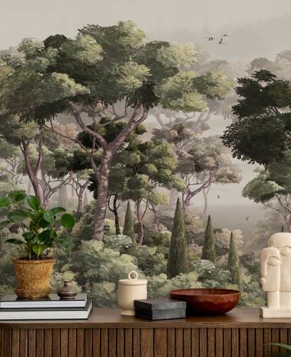 vintage forest wallpaper mural called Vintage Forest Landscape at Wallsauce for bedrooms, living rooms and hallways