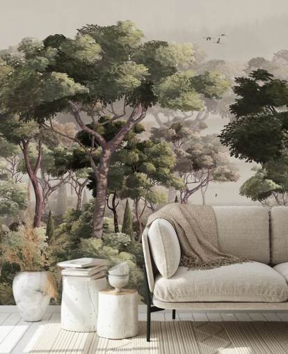 vintage bosbehangmuurschildering genaamd Vintage Forest Landscape at Wallsauce voor slaapkamers, woonkamers en gangen vintage bosbehangmuurschildering genaamd Vintage Forest Landscape at Wallsauce voor slaapkamers, woonkamers en gangen
