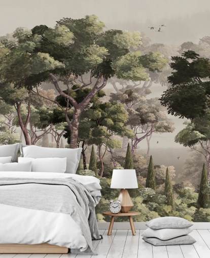 vintage forest wallpaper mural called Vintage Forest Landscape at Wallsauce for bedrooms, living rooms and hallways