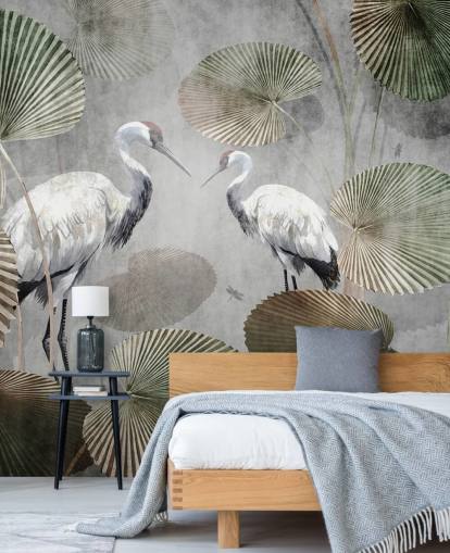 green vintage jungle wallpaper mural called Vintage Jungle Cranes Green at Wallsauce for bedrooms, hallways and living rooms