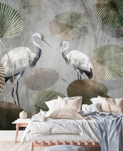 mural de papel de parede verde vintage da selva chamado Vintage Jungle Cranes Green at Wallsauce para quartos, corredores e salas de estar