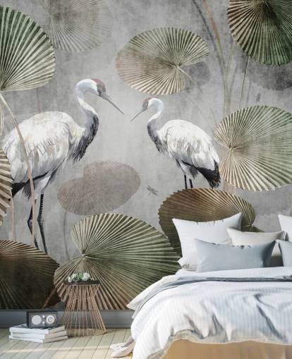 carta da parati murale verde vintage con giungla chiamata Vintage Jungle Cranes Green at Wallsauce per camere da letto, corridoi e salotti