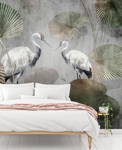 mural de papel de parede verde vintage da selva chamado Vintage Jungle Cranes Green at Wallsauce para quartos, corredores e salas de estar mural de papel de parede verde vintage da selva chamado Vintage Jungle Cranes Green at Wallsauce para quartos, corredores e salas de estar