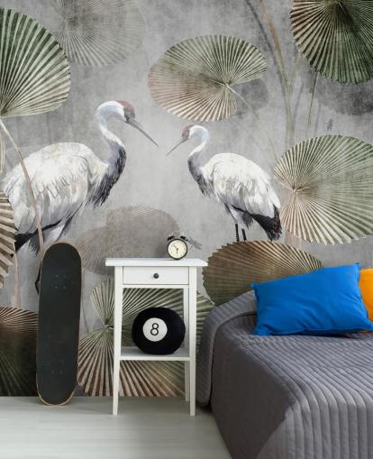 mural de papel de parede verde vintage da selva chamado Vintage Jungle Cranes Green at Wallsauce para quartos, corredores e salas de estar mural de papel de parede verde vintage da selva chamado Vintage Jungle Cranes Green at Wallsauce para quartos, corredores e salas de estar