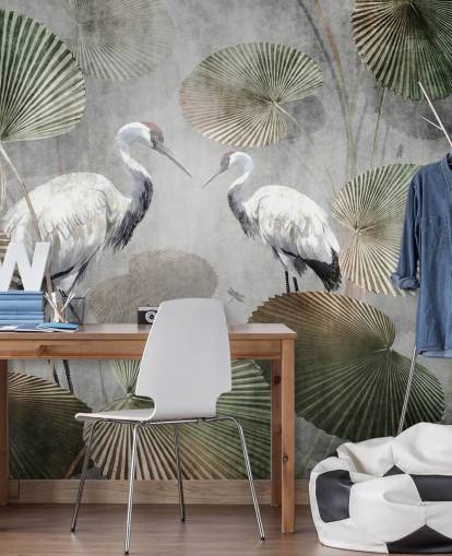 green vintage jungle wallpaper mural called Vintage Jungle Cranes Green at Wallsauce for bedrooms, hallways and living rooms green vintage jungle wallpaper mural called Vintage Jungle Cranes Green at Wallsauce for bedrooms, hallways and living rooms