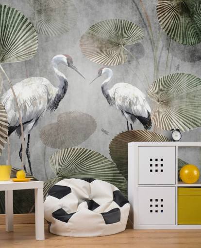 green vintage jungle wallpaper mural called Vintage Jungle Cranes Green at Wallsauce for bedrooms, hallways and living rooms green vintage jungle wallpaper mural called Vintage Jungle Cranes Green at Wallsauce for bedrooms, hallways and living rooms