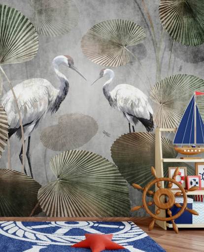 green vintage jungle wallpaper mural called Vintage Jungle Cranes Green at Wallsauce for bedrooms, hallways and living rooms