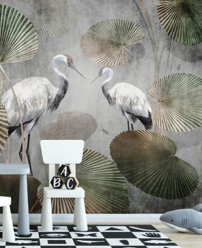 carta da parati murale verde vintage con giungla chiamata Vintage Jungle Cranes Green at Wallsauce per camere da letto, corridoi e salotti