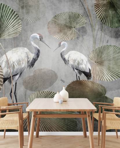 grøn vintage jungle tapetmaleri kaldet Vintage Jungle Cranes Green på Wallsauce til soveværelser, gange og stuer