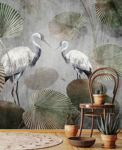 green vintage jungle wallpaper mural called Vintage Jungle Cranes Green at Wallsauce for bedrooms, hallways and living rooms green vintage jungle wallpaper mural called Vintage Jungle Cranes Green at Wallsauce for bedrooms, hallways and living rooms