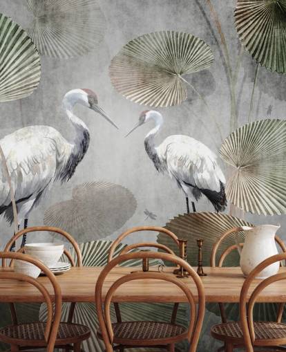grön vintage djungel tapetväggmålning som heter Vintage Jungle Cranes Green på Wallsauce för sovrum, hallar och vardagsrum