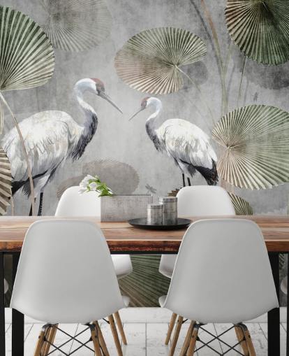 groene vintage jungle behangmuurschildering genaamd Vintage Jungle Cranes Green at Wallsauce voor slaapkamers, gangen en woonkamers