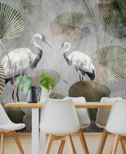 papier peint mural vert vintage de la jungle appelé Vintage Jungle Cranes Green at Wallsauce pour les chambres, les couloirs et les salons