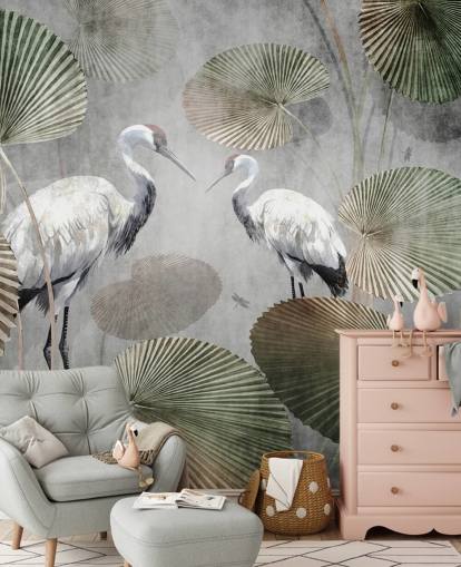 mural de papel de parede verde vintage da selva chamado Vintage Jungle Cranes Green at Wallsauce para quartos, corredores e salas de estar