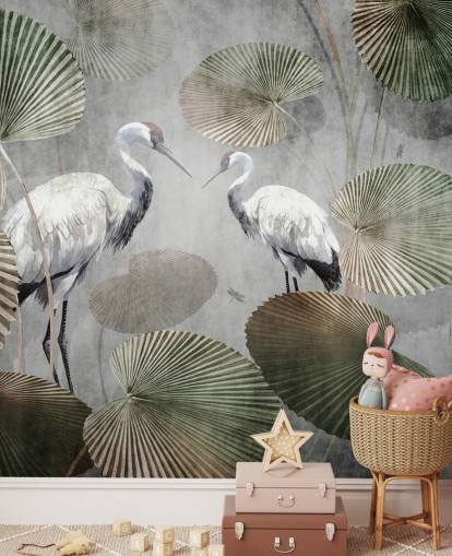 groene vintage jungle behangmuurschildering genaamd Vintage Jungle Cranes Green at Wallsauce voor slaapkamers, gangen en woonkamers