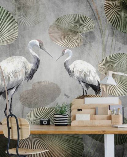 vihreä vintage-viidakon taustakuvamaalaus nimeltä Vintage Jungle Cranes Green Wallsaucessa makuuhuoneisiin, käytäviin ja olohuoneisiin