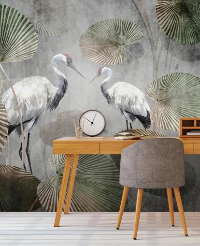 mural de papel de parede verde vintage da selva chamado Vintage Jungle Cranes Green at Wallsauce para quartos, corredores e salas de estar