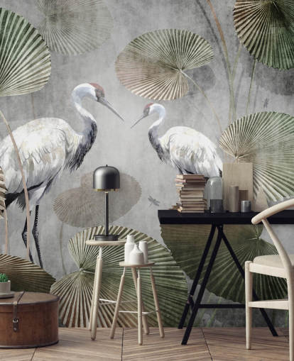 mural verde vintage de la jungla llamado Vintage Jungle Cranes Green at Wallsauce para dormitorios, pasillos y salas de estar mural verde vintage de la jungla llamado Vintage Jungle Cranes Green at Wallsauce para dormitorios, pasillos y salas de estar