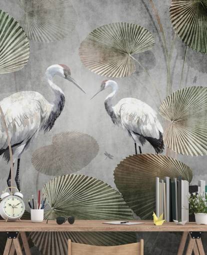 papier peint mural vert vintage de la jungle appelé Vintage Jungle Cranes Green at Wallsauce pour les chambres, les couloirs et les salons