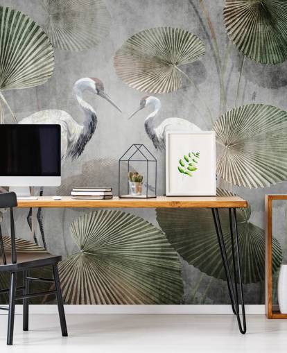 groene vintage jungle behangmuurschildering genaamd Vintage Jungle Cranes Green at Wallsauce voor slaapkamers, gangen en woonkamers groene vintage jungle behangmuurschildering genaamd Vintage Jungle Cranes Green at Wallsauce voor slaapkamers, gangen en woonkamers