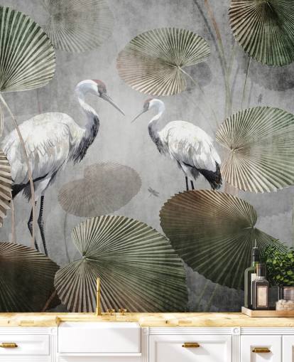 grøn vintage jungle tapetmaleri kaldet Vintage Jungle Cranes Green på Wallsauce til soveværelser, gange og stuer