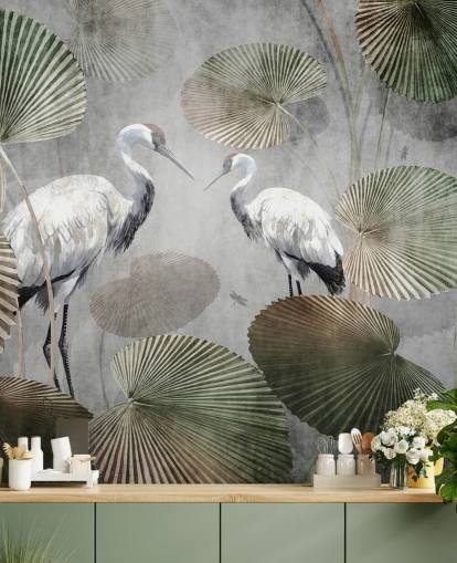 green vintage jungle wallpaper mural called Vintage Jungle Cranes Green at Wallsauce for bedrooms, hallways and living rooms